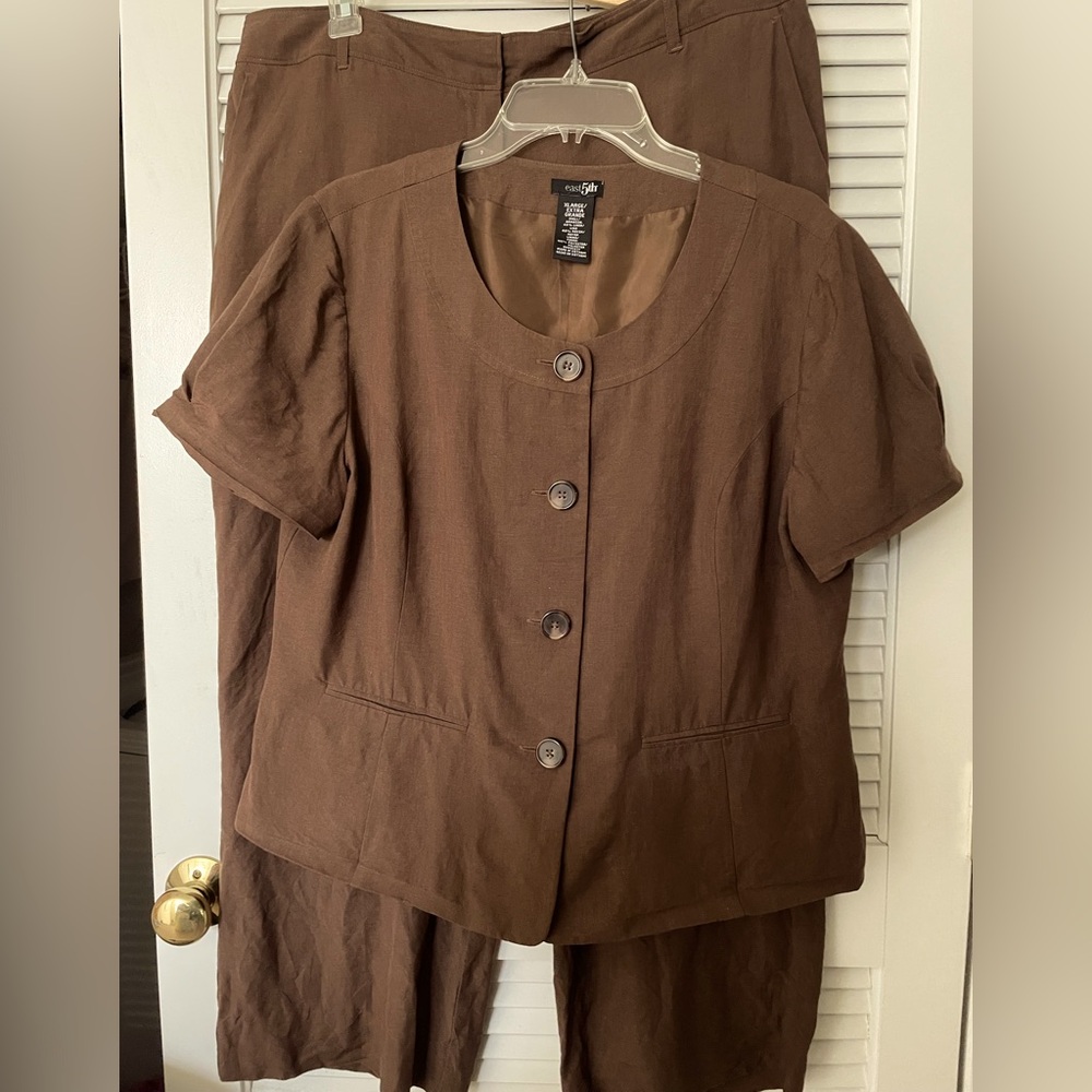 2 piece Linen blend brown Worthington XL top & 16 Short trousers wide leg petite